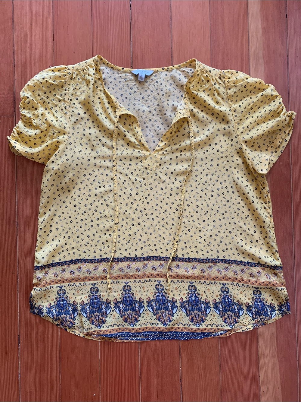 Lucky Brand Yellow Boho Tie-Front Print Blouse